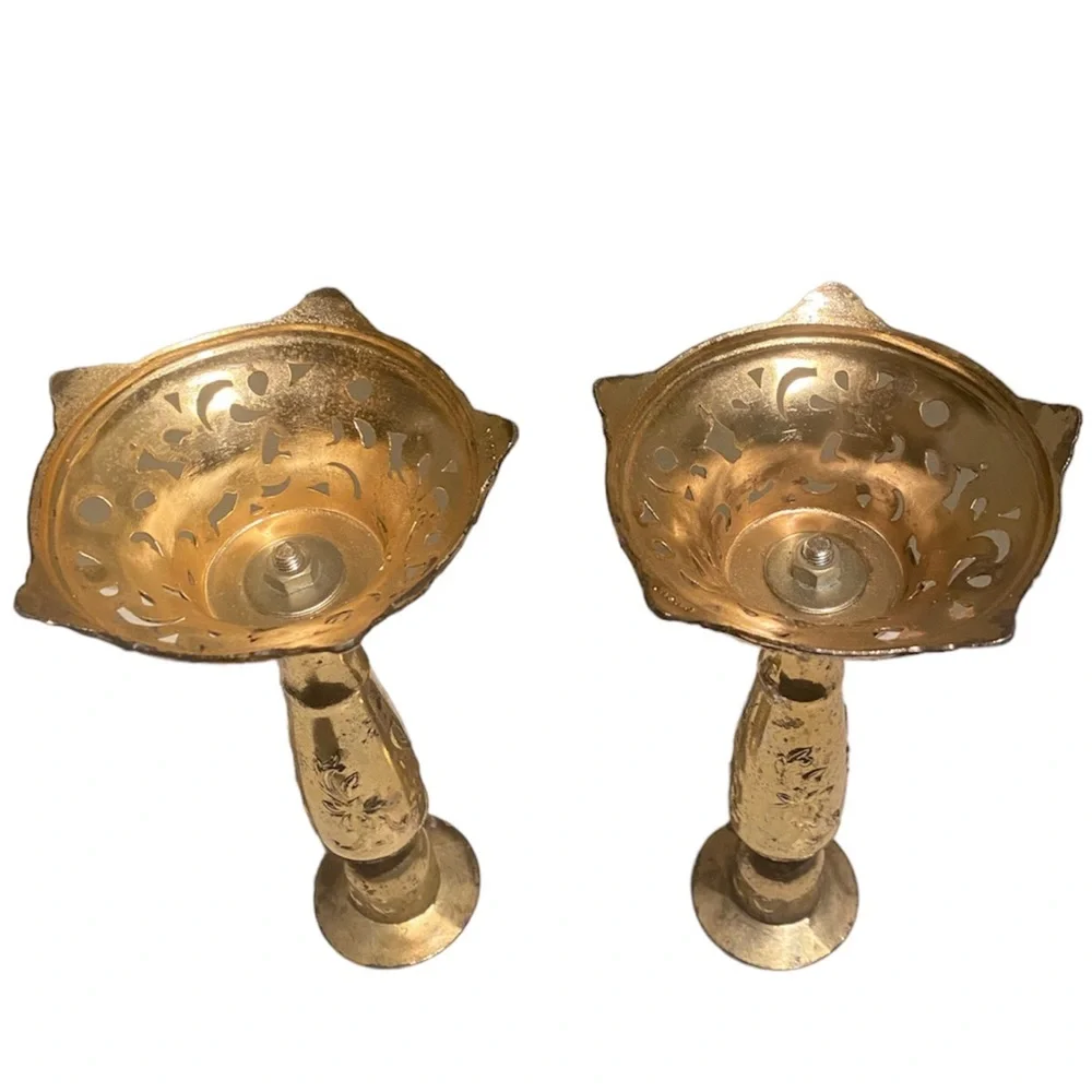 Vintage Candlesticks Set Candle Holders Ornate Cast Metal Brass Gold Filigree